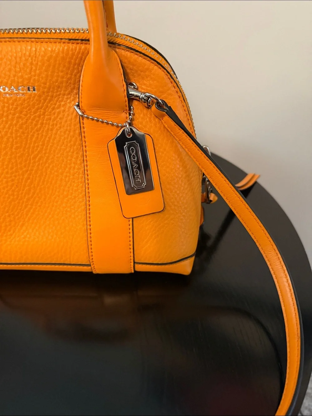 Coach Bleeker Mini. Orange Pebbled Leather Satchel with Detachable Strap